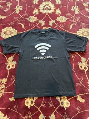 Balenciaga Black Short-Sleeve Logo Tee with White WiFi Graphic